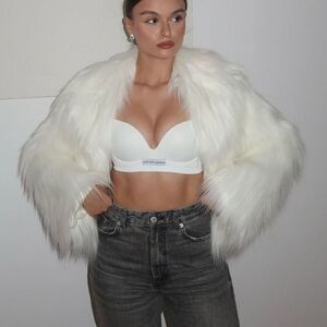 Zara Faux Fur Cardigan Lapel Collar Jacket White Nwt